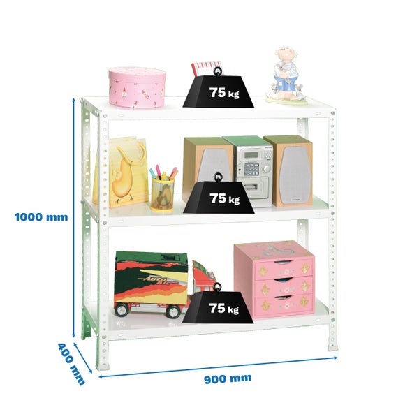 Weißes Metallregal mit drei Ebenen, Tragkraft 75 Kilogramm pro Boden, Maße 1000 Millimeter Höhe, 900 Millimeter Breite, 400 Millimeter Tiefe.