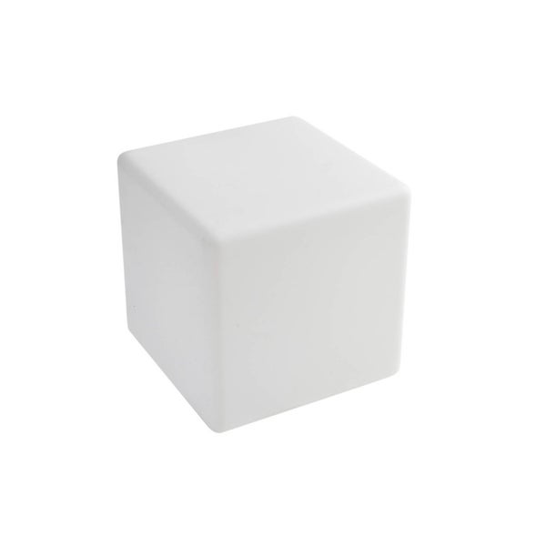 Weiße Würfelleuchte aus Kunststoff für Garten oder Innenbereich.