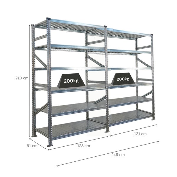 Abbildung eines Schwerlastregals mit den Massen 210 cm Höhe, 249 cm Breite und 61 cm Tiefe