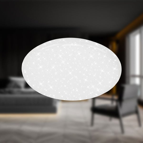 Runde LED-Deckenleuchte mit Sternenhimmel-Effekt in einem modern eingerichteten Raum.