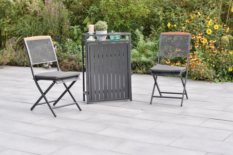 Patmos Set 5tlg., 2 Klappsessel, 2 Auflagen, Balkonklappentisch mit Tischplatte aus Aluminium, Aluminium/Stahl/Akazie