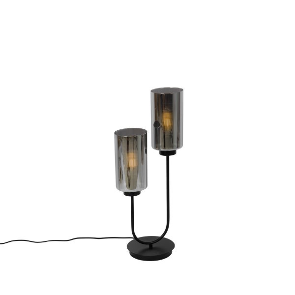 Art-Deco-Tischlampe schwarz mit Rauchglas 2-flammig – Laura