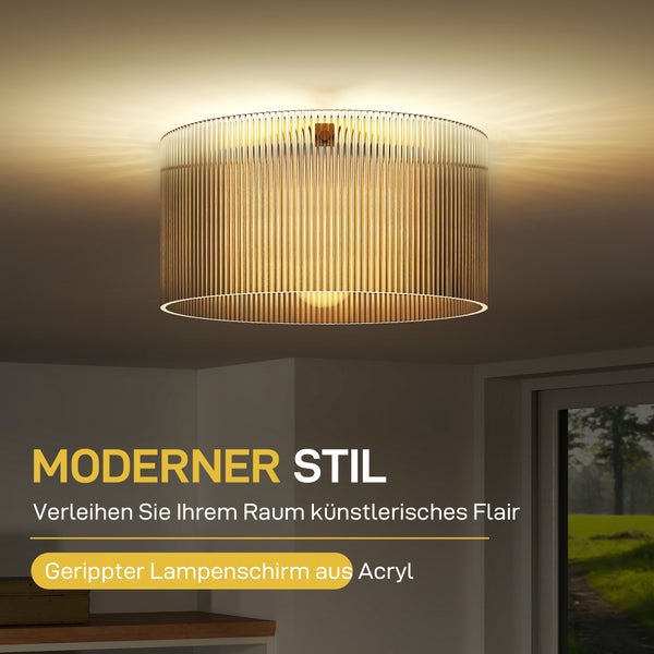 Moderne Deckenleuchte mit geripptem Lampenschirm aus Acryl an der Decke, strahlt warmes Licht in einem hellen Zimmer aus.