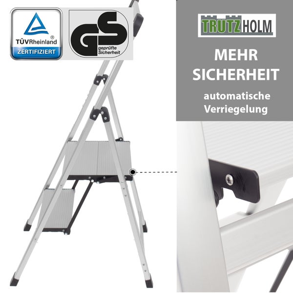 TrutzHolm Logo. Leichte Trittleiter mit zwei Stufen, TÜV Rheinland zertifiziert und geprüfter Sicherheit.