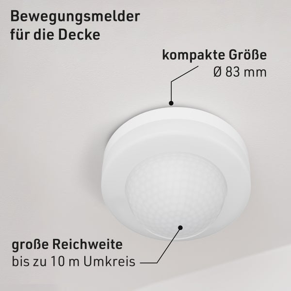 Deckenbewegungsmelder mit 83 Millimeter Durchmesser und 10 Meter Reichweite