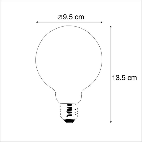 Skizze eines globusförmigen Leuchtmittels mit einem Durchmesser von 9,5 Zentimeter und einer Höhe von 13,5 Zentimeter.