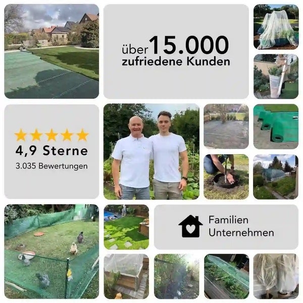 Collage mit zufriedenen Kunden, Gartenprodukten und Anwendungsbeispielen für Pflanzenschutzvlies und Gartenzäune bei der Gartenarbeit.