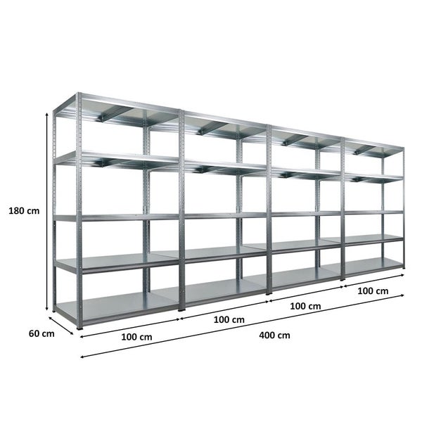 Metallregal mit den Maßen 180 cm Höhe, 60 cm Tiefe und 400 cm Breite