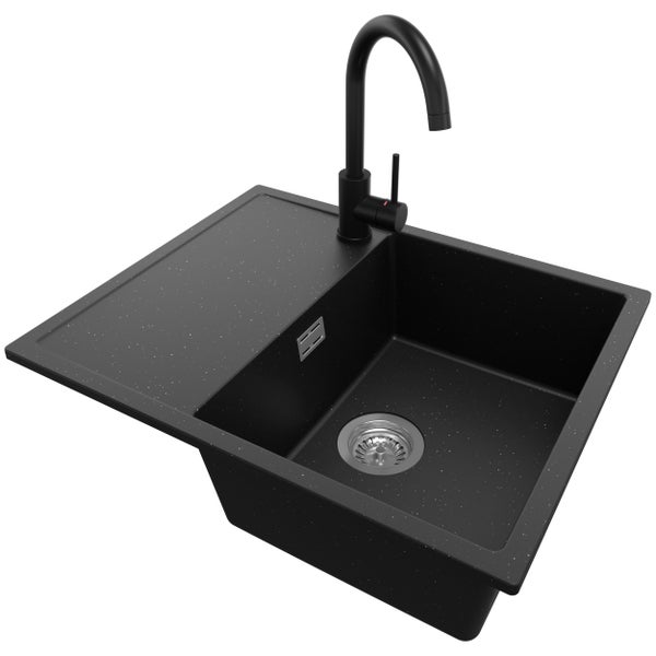 PRIMAGRAN Granitspüle Schwarz Metallic 62x50cm, Spülbecken 1 Becken + Küchenarmatur 32x20cm + Ablauf-Set, Küchenspüle ab 45er Unterschrank - Ibiza