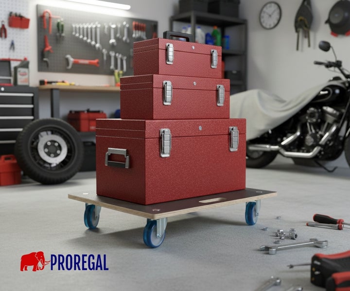 Werkstatt mit gestapelten Werkzeugkisten auf einem Rollbrett