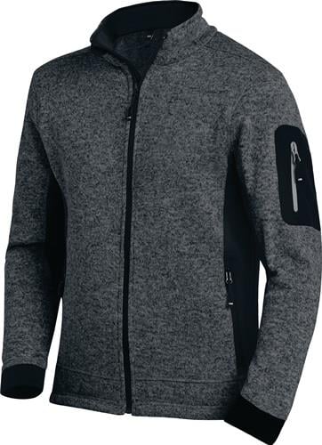 Strickfleecejacke mit durchgehendem Reißverschluss, Stehkragen und Ärmeltasche mit Reißverschluss.
