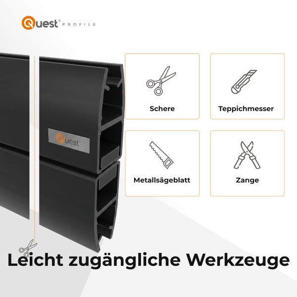 Quest Kunststoffprofil, zuschneidbar mit Schere, Teppichmesser, Metallsägeblatt und Zange. Quest Logo.