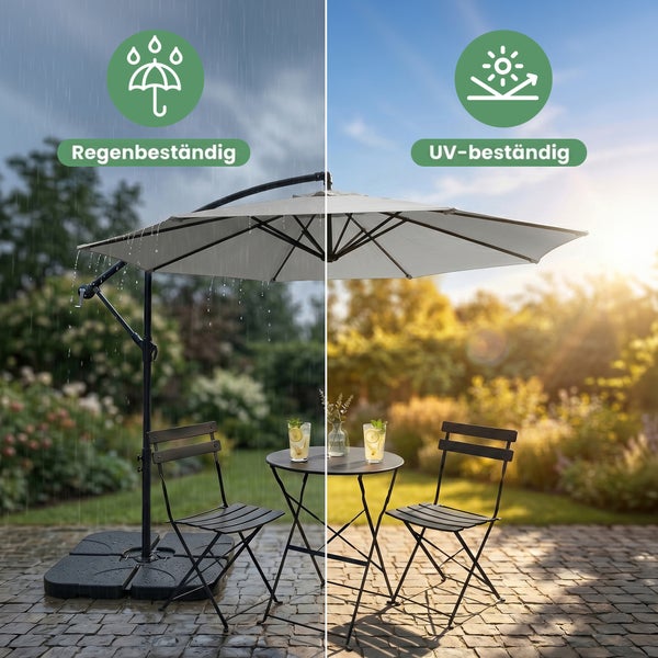 Ampelschirm über einem Bistro-Set auf einer gepflasterten Terrasse, Darstellung der Regenbeständigkeit und Ultraviolettbeständigkeit.
