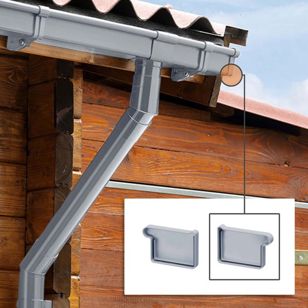 Kunststoff Dachrinnen-Endstück für Gartenhäuser, an einer montierten Dachrinne dargestellt.