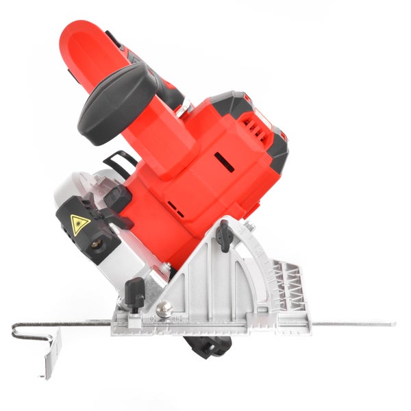 Handgeführte Handkreissäge mit rotem Gehäuse, verstellbarer Metallgrundplatte und Laserführung für präzise Schnitte.