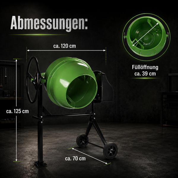 Betonmischer mit Maßangaben Breite 120 cm, Höhe 125 cm, Tiefe 70 cm und Füllöffnung 39 cm.