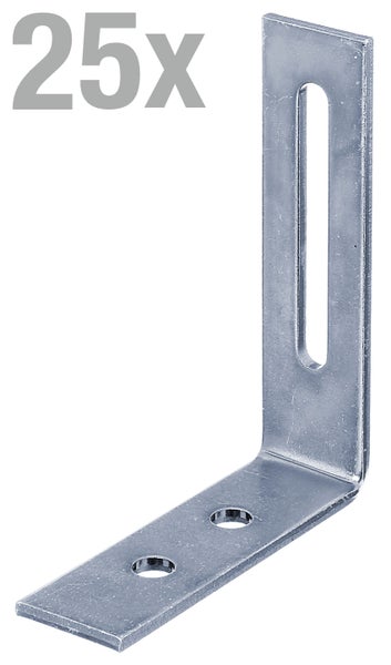 Winkelverbinder aus Metall mit Langloch und zwei runden Bohrlöchern, 25 Stück Packungsinhalt