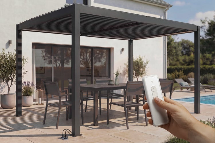Moderne Pergola mit motorisiertem Lamellendach auf einer Terrasse mit Pool, im Vordergrund eine Hand mit Fernbedienung zur Steuerung.