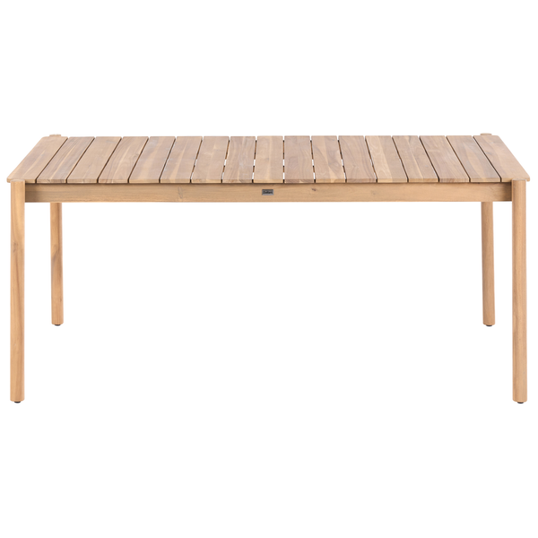Gartenmöbel-Set aus Holz mit rechteckigem Tisch und sechs Stühlen mit Seilgeflecht und Kissen auf einer Steinterrasse unter einer Pergola.