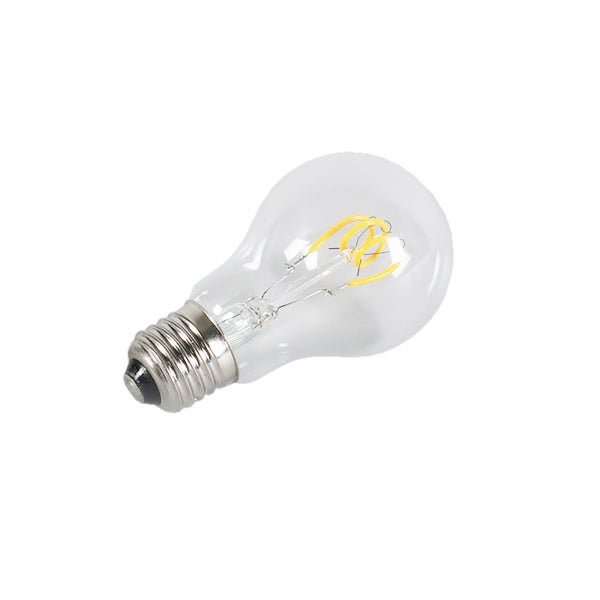 Klare LED-Filament-Glühbirne mit E27-Fassung in klassischer Birnenform.