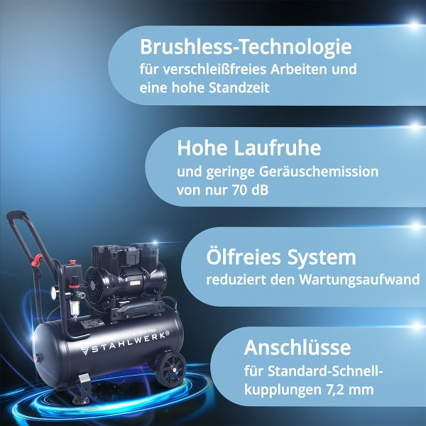 STAHLWERK ST-310 PRO Kompressor mit bürstenloser Technologie, geringer Geräuschemission und ölfreiem System für Standard Schnellkupplungen 7,2 mm