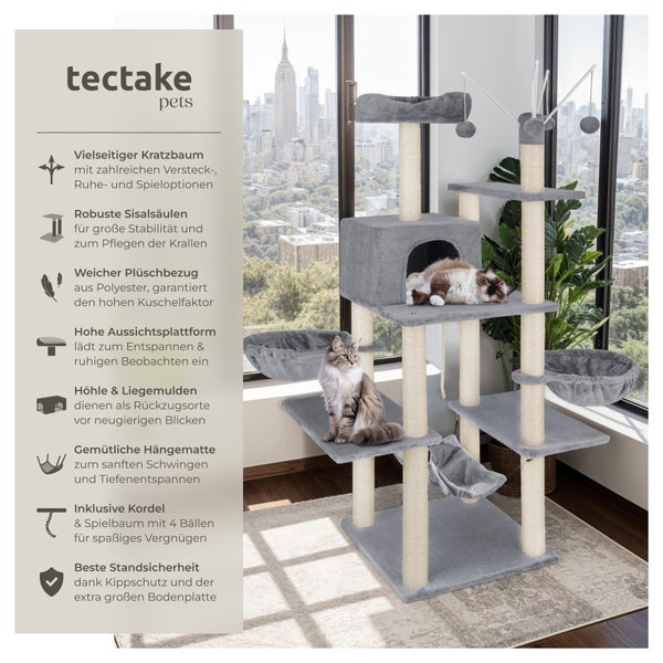 Kratzbaum tectake Lilou inklusive 4 Spielbällen, Kordel und Kippschutz 165 cm grau
