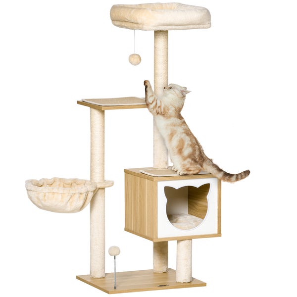 PawHut Kratzbaum Katzenbaum mit Katzenhöhle Plattform Höhe 126 cm Kletterbaum aus Holz Katzenkratzbaum Spanplatte Sisal Kurzplüsch Beige 48 x 40 x 126 cm