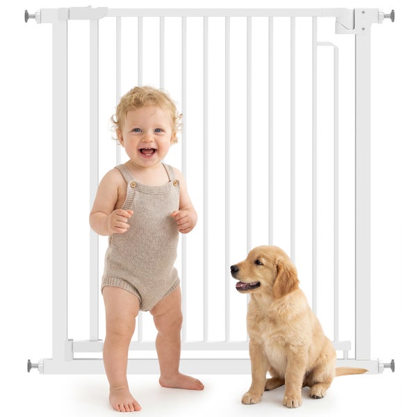 Weißes Türschutzgitter aus Metall für Babys und Hunde zur Montage an Türen oder Treppen.