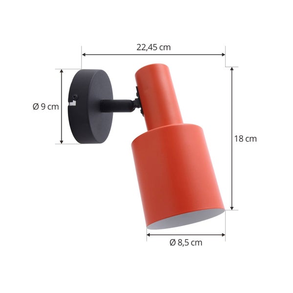 Wandleuchte in Orange und Schwarz, verstellbarer Schirm, Maße 22,45 mal 18 Zentimeter, Durchmesser 8,5 Zentimeter, Basis 9 Zentimeter.