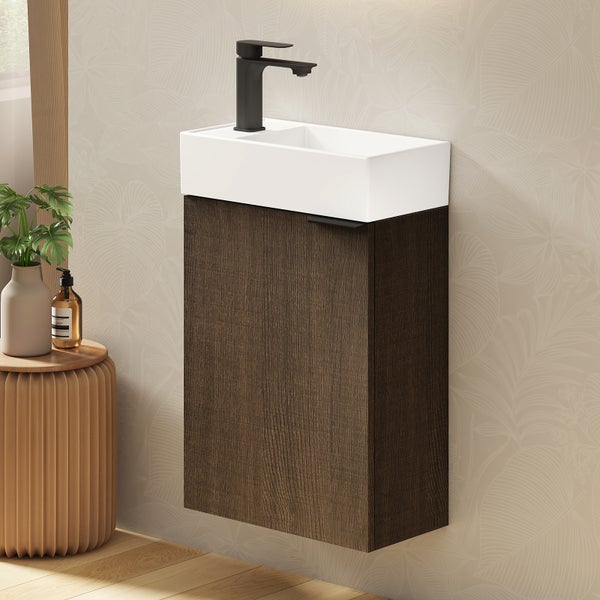 EMKE Waschbecken mit Unterschrank 417×240×646 mm, Badmöbel-Set mit Soft-Close, Türgriff, 2-fach verstellbarem Einlegeboden, Wandmontage, beidseitig montierbar, Räuchereiche
