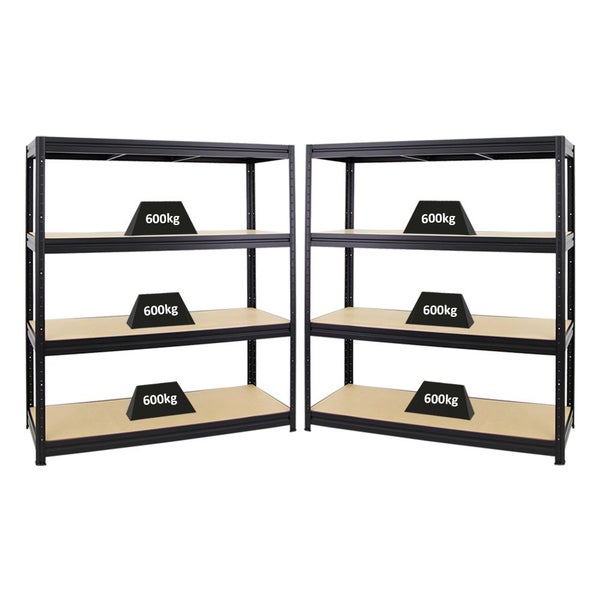 Zwei Schwerlastregale aus Metall mit vier Ebenen. Jede Ebene ist mit bis zu 600 Kilogramm belastbar.