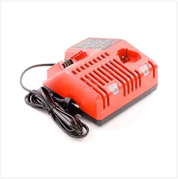 Akkuladegerät in roter Farbe mit schwarzem Kabel