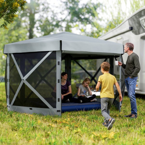 Outsunny Pavillon sechseckig ca. 3,6x3m Wasserdicht Pop-up Faltpavillon mit 5 Seitenteilen Tasche Faltbar Partyzelt UV 30+ Winterfest Gartenzelt Gartenpavillon für Camping Garten Festival, Hellgrau