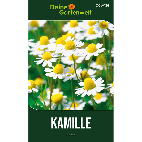 Samenpackung für Echte Kamille der Marke Deine Gartenwelt mit einer Abbildung blühender Kamillenblüten.
