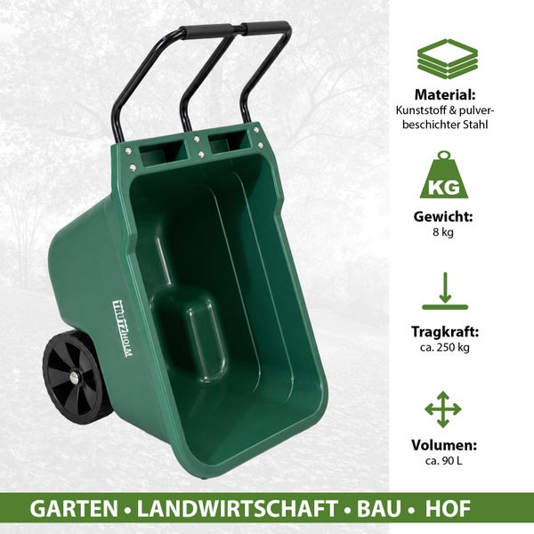 Trutzholm Gartenkarre aus Kunststoff und pulverbeschichtetem Stahl, Volumen circa 90 Liter, Tragkraft circa 250 Kilogramm.