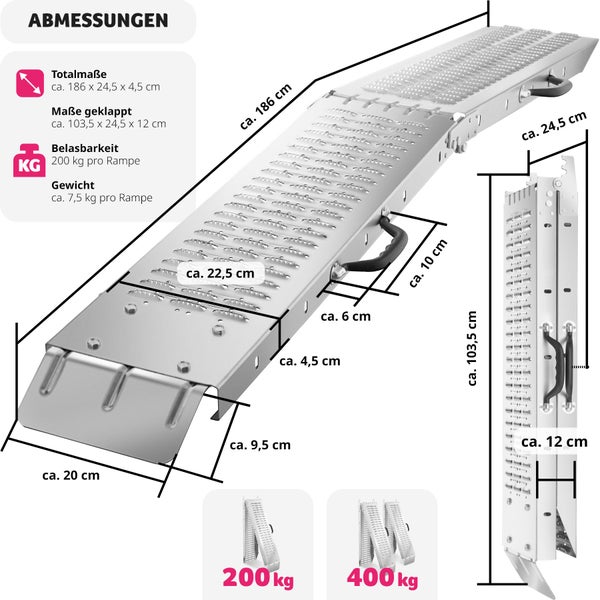 Auffahrrampen tectake Björn Belastbarkeit 400 kg, 200 kg pro Rampe 2er Set silber