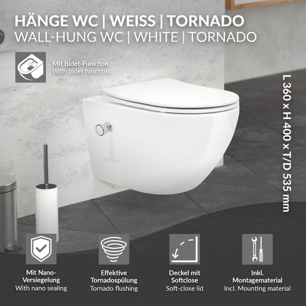 LuxeBath Wand WC Spülrandlos mit Bidet-Funktion, Weiß, Tiefspüler Keramik Hänge WC, lang 53,5 cm, Dusch WC Nano Beschichtung, Tornadospülung, Glänzende Kloschüssel Hängend mit WC-Sitz Absenkautomatik
