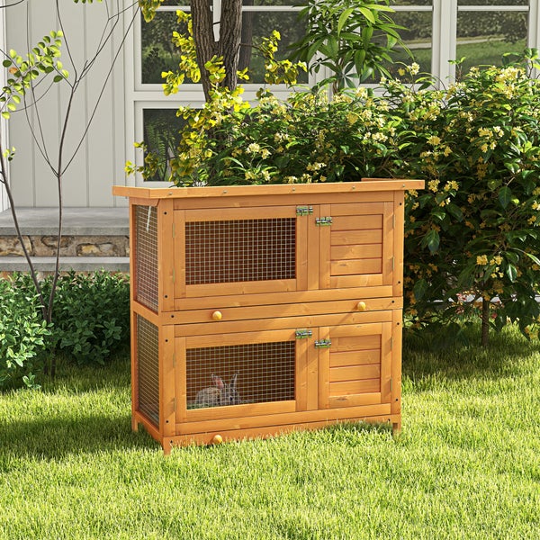 PawHut Kleintierstall Kleintierhaus mit Asphaltdach Zwergkaninchenstall doppelstöckig Meerschweinchenstall wetterbeständig Kleintierkäfig Tierstall für Outdoor Tannenholz 90 x 45 x 90 cm Gelb
