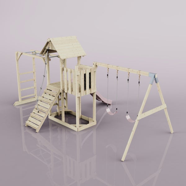 Spielturm aus Holz mit Rutsche und Schaukel