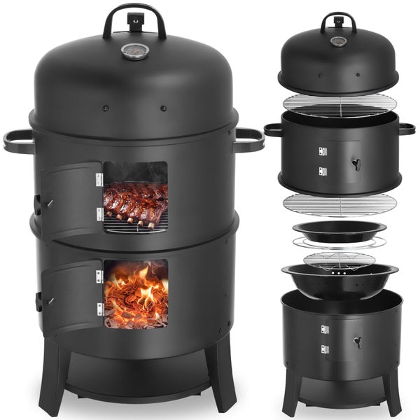 Räucherofen und Grill mit stapelbaren Elementen und integriertem Thermometer zur Zubereitung von Grillgut.