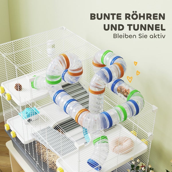 PawHut Hamsterkäfig 4 Etagen Nagerkäfig  Kleintierkäfig mit Laufrad Futternapf Tunnel Hütte Obertür, Kleintierstall Käfig für Hamster Syrischer Hamster 78 x 45 x 73 cm, Grau