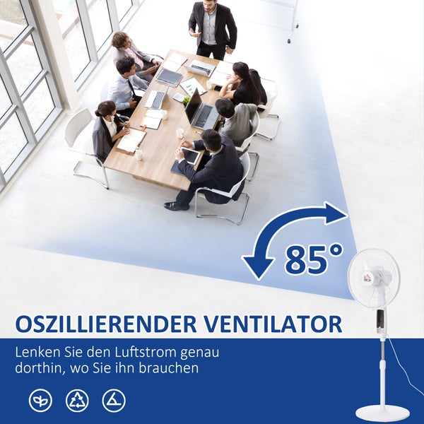 HOMCOM Standventilator, mit 5h Timer Fernbedienung, höhenverstellbar, 42cm x 45cm x 138cm, Stahl, Weiß