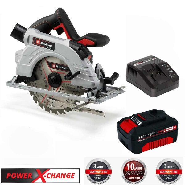 Einhell Akku-Handkreissäge, 18 Volt 4,0 Amperestunden Akku, Lader. 3 Jahre Produkt- und Akkugarantie, 10 Jahre Motorgarantie. Power X-Change Logo.