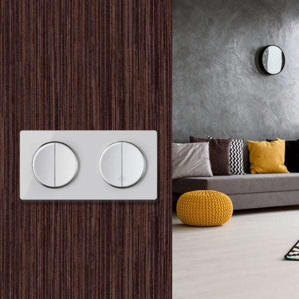 Doppelwippschalter mit zwei runden Wippen in einem Wohnzimmerinterieur an einer Holzpaneelwand montiert
