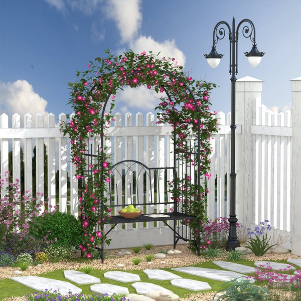 Outsunny Rosenbogen mit Bank, Gartenbank, 115 x 59 x 203 cm, Metall, Schwarz