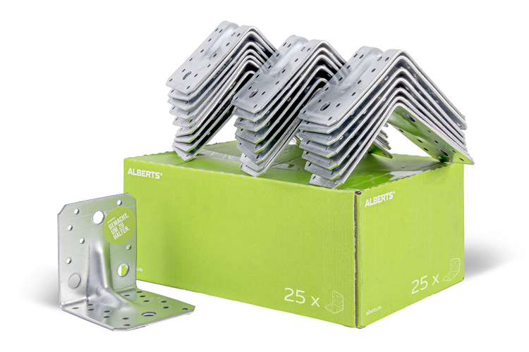 Set aus 25 Alberts Winkelverbindern aus verzinktem Stahl in Kartonverpackung für Holzverbindungen.