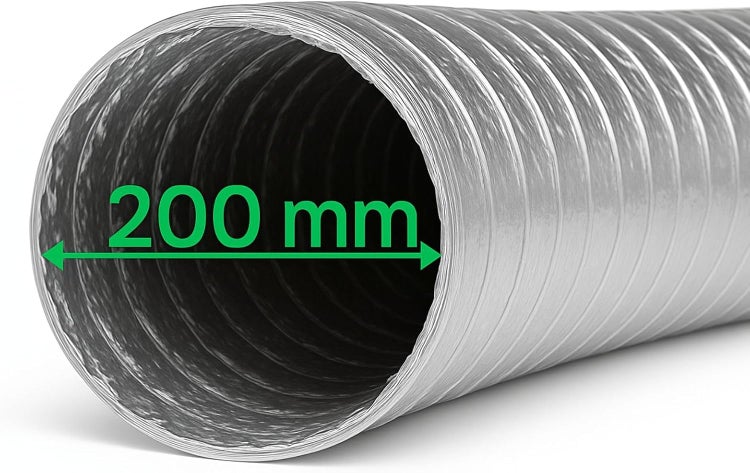 Flexibles Lüftungsrohr aus Aluminium mit einem Durchmesser von 200 Millimetern.