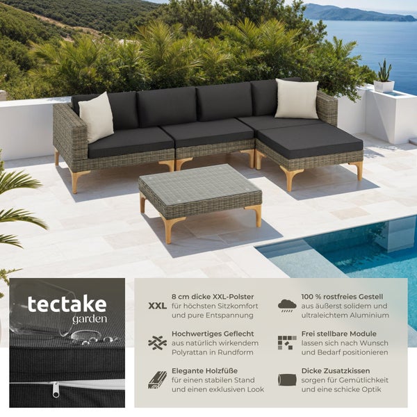 Gartenlounge-Set mit Polyrattan-Optik und Couchtisch auf einer Terrasse
