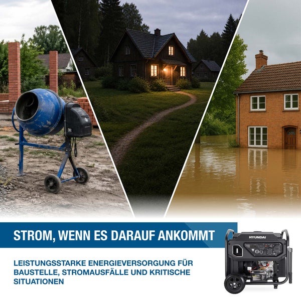 Hyundai Stromerzeuger mit Hyundai Logo für Baustelle, Stromausfall und Hochwasser mit Betonmischer, Haus bei Nacht und überflutetem Haus.