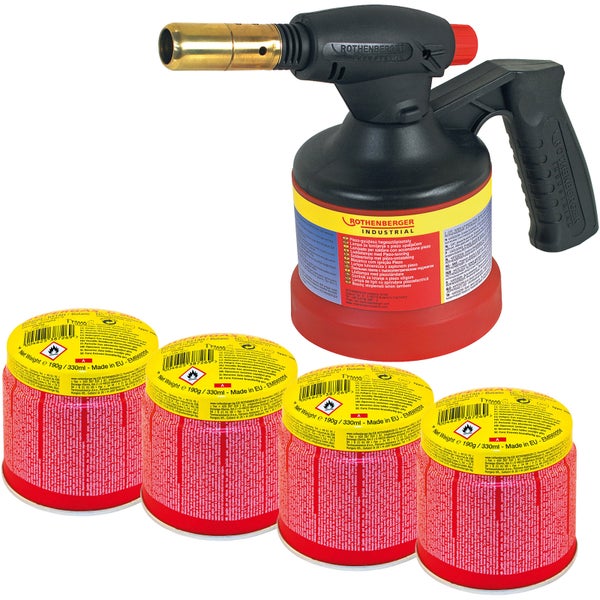ROTHENBERGER Industrial RoFlame Premium Lötlampe mit Piezo-Zündung 1.800 °C inkl. 4x C200 Kartusche 330 ml mit ILL System - 1500004104